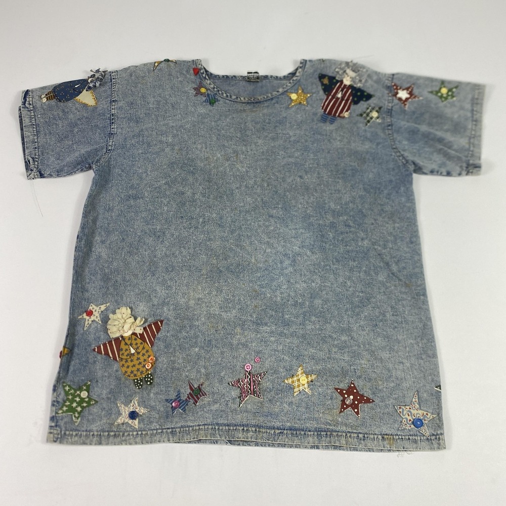 Vintage Angel Stars Denim Shirt Womens Large Blue‎ Applique Buttons 90s